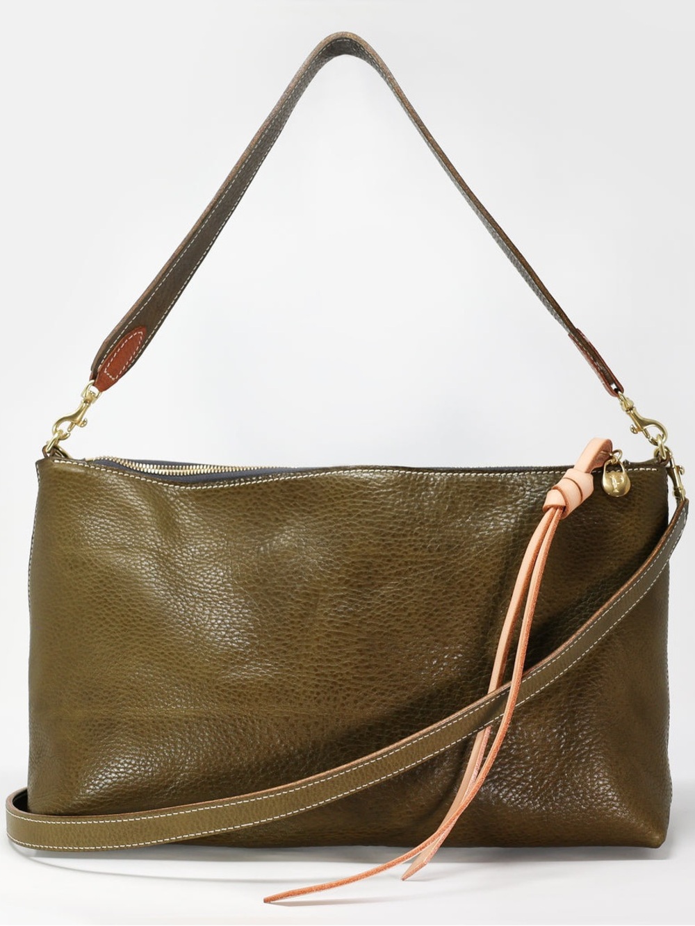 Olive Green Pebbled Leather Shoulder Bag with Tortoiseshell Chain Accent - Picture 3 of 8